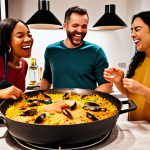 **Prompt:** A group of diverse people laughing and preparing a large paella together in a modern, shared kitchen space with warm, inviting lighting. Focus on capturing the joy and connection of shared cooking.